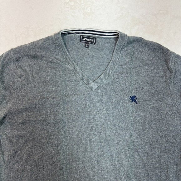 Express Men's XL Sweater Grey Solid Cotton V-Neck Top Long Sleeve Pullover - Picture 2 of 12